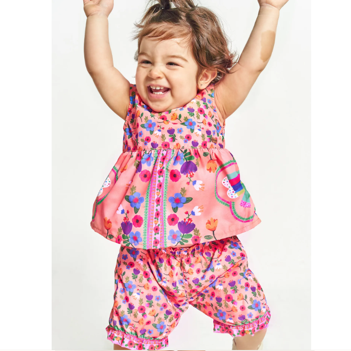 Conjunto Infantil Bebê Menina Bata + Bermuda Estampa Jardim de Asas – Tam. 3 a 12 meses – Laranja