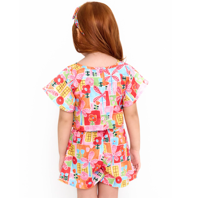Conjunto Infantil Menina Blusa + Short Estampa Flores e Cores - Tam. 2 a 12 anos - Rosa e Laranja