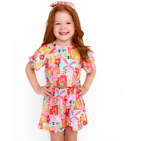 Conjunto Infantil Menina Blusa + Short Estampa Flores e Cores - Tam. 2 a 12 anos - Rosa e Laranja