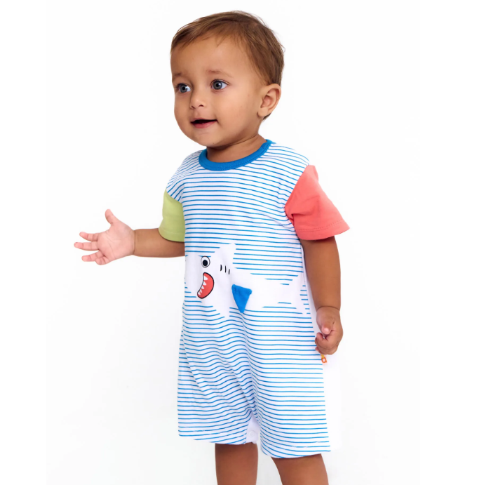Pimpão Infantil Bebê Menino Estampa Ataque de Estilo - Tam. 3 a 18 meses - Branco e Azul