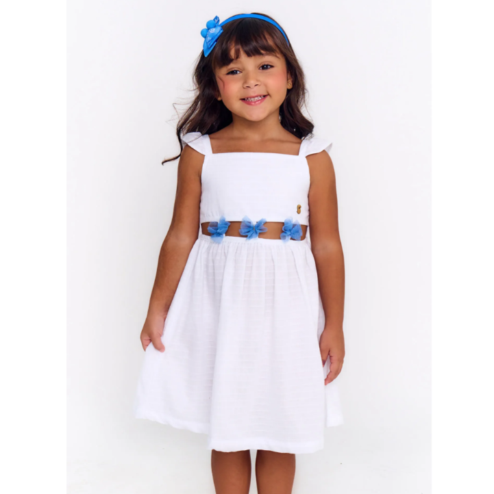 Vestido Infantil Estampa Borboblue - Tam. 2 a 12 anos - Branco