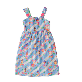 Vestido Infantil Estampa Eu Amo Frutinhas – Tam. 2 a 12 anos – Branco e Azul