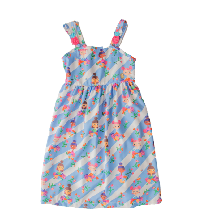 Vestido Infantil Estampa Eu Amo Frutinhas – Tam. 2 a 12 anos – Branco e Azul