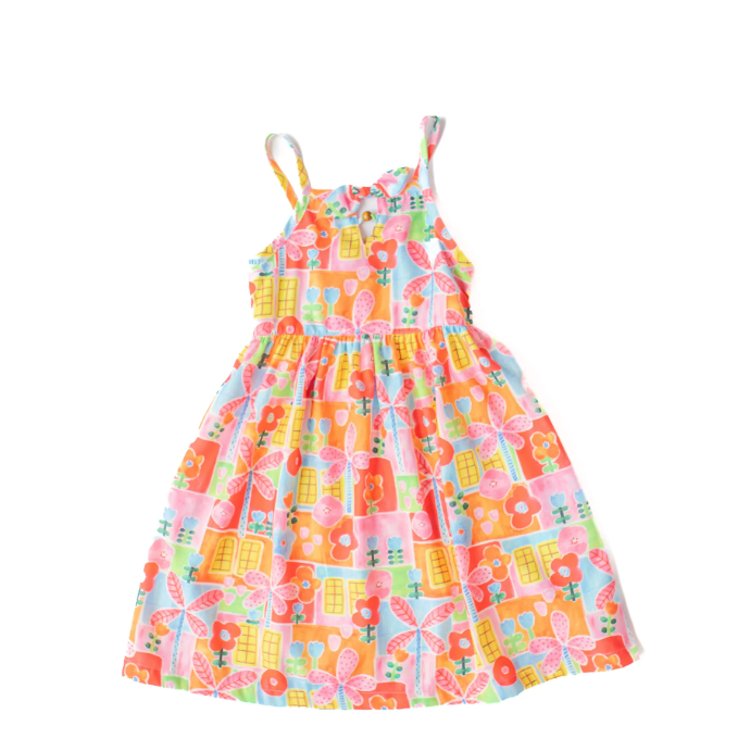 Vestido Infantil Estampa Flores e Cores - Tam. 2 a 12 anos - Rosa e Laranja