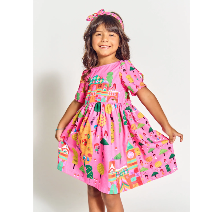 Vestido Infantil Estampa Jantar no Jardim - Tam. 2 a 12 anos - Rosa